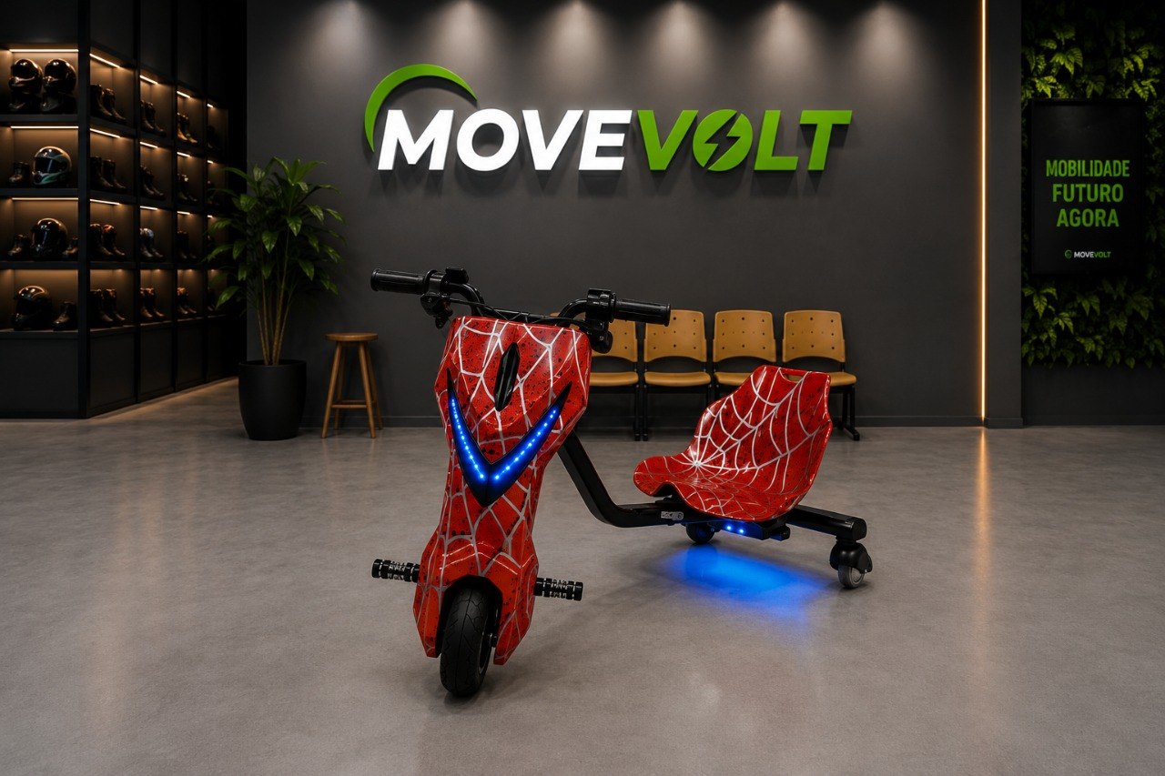 Triciclo elétrico vermelho spider MoveVolt em showroom