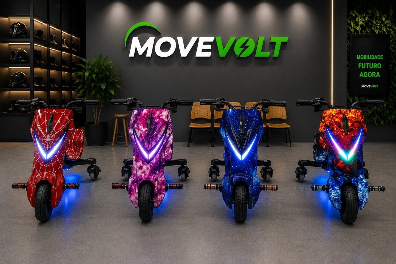 Quatro cores do triciclo elétrico MoveVolt em showroom