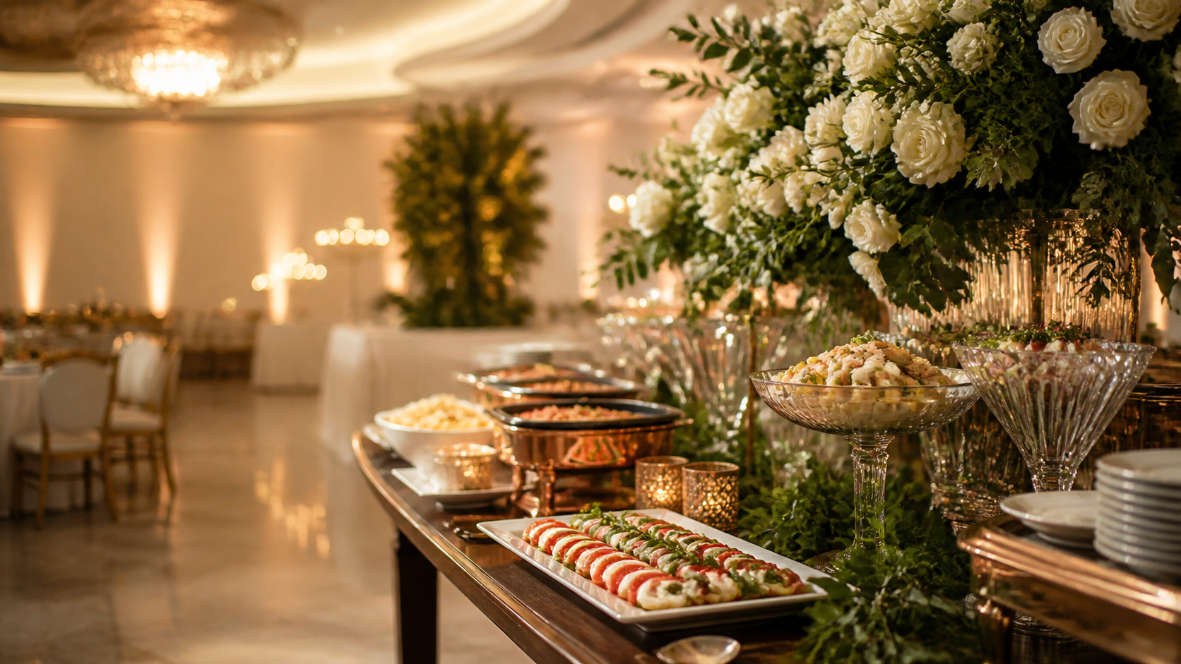 Mesa de buffet elegante em ambiente de evento premium